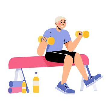 An elderly person with gray hair is engaging in strength exercises. They are wearing comfortable athletic clothing, consisting of a light blue shirt and black shorts. The elderly individual is seated on a bright red exercise bench, holding a pair of small, light weights in each hand. The weights are colored in bright yellow, adding a vibrant touch to the scene. In the background, there are various fitness equipment items, such as a yoga mat and a water bottle placed nearby, emphasizing a home gym environment. The elderly person's expression shows concentration and determination as they focus on their workout.