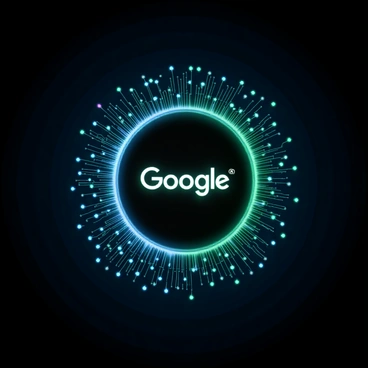 A futuristic design featuring the "Google" logo prominently displayed in the center. Surrounding the logo are intricate electronic circuit patterns that flow and intertwine, showcasing various lines and nodes. The circuit patterns are illuminated with a soft blue and green glow, highlighting the connections and adding depth to the design. The background has a sleek, dark gradient that contrasts with the vibrant colors of the circuit patterns, enhancing the overall technological aesthetic.