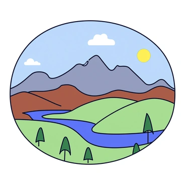 A mountain peak with rocky terrain is prominently displayed. From this vantage point, a vast landscape unfolds, featuring rolling hills in various shades of green and brown. A few scattered trees dot the lower landscape, and a winding river can be seen cutting through the scenery. In the distance, a clear blue sky stretches overhead, with a few wispy clouds gently floating. The sun is positioned to create a warm glow over the entire scene.