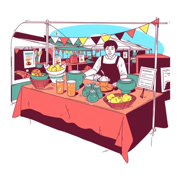 A vibrant market stall is filled with various local Cornish crafts and produce. The stall is covered with colorful bunting made of red and yellow fabric, creating a festive atmosphere. On the wooden table, there are neatly arranged jars of orange jam and preserves, alongside small baskets filled with fresh, yellow vegetables. Handcrafted items such as teal pottery and wooden carvings are displayed prominently, showcasing intricate designs. A friendly vendor stands behind the stall, offering samples of produce to curious customers. The background features other market stalls and a bright blue sky overhead.