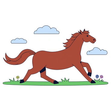 A noble horse with a shiny chestnut coat galloping across open plains. The horse has long flowing mane and tail, which are lifted by the wind as it runs. Its powerful legs are stretched out in mid-gallop. The background features a wide sky with a few fluffy white clouds scattered throughout. The grassy plains are depicted in shades of green, with a few wildflowers dotting the landscape.