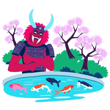 A large, intimidating oni with red skin and sharp tusks is sitting by a tranquil pond. It has glowing yellow eyes that are fixed on the colorful koi fish swimming gracefully in the water. The oni is dressed in traditional Japanese armor, adorned with intricate patterns and designs. Surrounding the pond, vibrant green foliage and blooming cherry blossom trees create a serene atmosphere. The koi fish display a range of colors, including orange, white, and black, as they glide through the clear water, casting ripples across the surface.