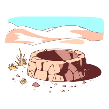 An old, cracked stone well is situated in a vast, dry desert landscape. The well appears weathered and dusty, with sand accumulating around its base. Sunlight casts sharp shadows on the cracked stones, revealing the texture of the aged materials. Scattered around the well are small patches of dry grass and scattered pebbles, emphasizing the arid environment. In the background, rolling sand dunes stretch towards the horizon under a clear blue sky.