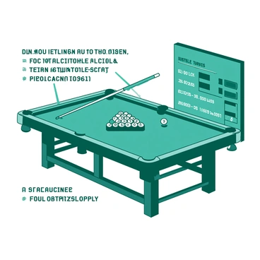 A duotone illustration in teal and white depicts a detailed diagram of a billiard game setup. At the center, there is a rectangular billiard table with six pockets, surrounded by a wooden frame. On the table, a triangle rack is positioned, filled with fifteen numbered billiard balls, arranged in a tight formation. Above the table, two cue sticks are crossed, signaling the beginning of the game. Instructions for players are clearly labeled in white text, explaining the basic rules: "Goal: Pocket all balls", "Turns alternate", and "Foul penalties apply". The background includes a scoreboard on one side, detailing player scores and turns.
