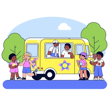 An ice cream truck is parked on a sunny street. The truck has bright colors and playful designs on its side. The driver, wearing a white uniform and a cap, is smiling while serving ice cream to a group of excited children. The children are diverse in appearance, wearing summer clothes, and some are holding cones filled with colorful ice cream. The background features green trees and a clear blue sky, indicating a hot summer day.