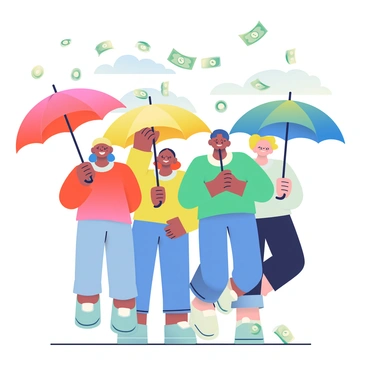 A group of four people is standing together, joyfully holding colorful umbrellas. Each umbrella is a different shade: bright red, sunny yellow, vibrant blue, and deep green. The people are smiling, with expressions of delight on their faces as coins and bills fall from above, creating a shower of currency. The background features a light, clear blue sky, and there are scattered clouds suggesting a sunny day. The people are dressed in casual clothing, and the ground beneath them is covered with fallen money, adding to the cheerful atmosphere.