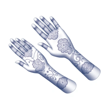Two hands adorned with intricate mehendi designs. The patterns are elaborate, featuring swirls, floral motifs, and geometric shapes. The mehendi covers the entire surface of the hands, extending from the fingertips up to the wrists. The background is plain, emphasizing the detailed craftsmanship of the designs.