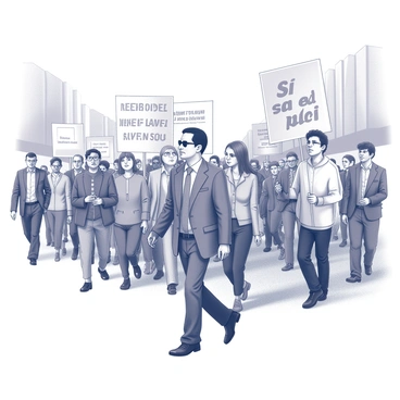 A historical reenactment of a march with a large group of individuals walking together through city streets. The participants carry banners and signs with messages about workers' rights and social justice, prominently featuring the words "Sí, se puede." In the foreground, a central figure resembling "Cesar Chavez" leads the march, dressed in period-appropriate clothing, with a confident demeanor. The diverse crowd behind him displays a strong sense of solidarity and determination. The backdrop includes urban buildings lining the street, and the scene is filled with a sense of movement and purpose, capturing the essence of a significant moment in history.