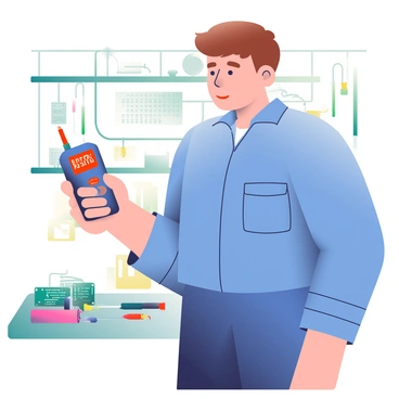 A technician with short brown hair is holding a handheld voltage meter in their right hand. The voltage meter has a digital display, which shows fluctuating numbers in bright red. The technician is wearing a blue work shirt with rolled-up sleeves, and they are standing in a well-lit workspace filled with various tools and equipment. In the background, there are wires and circuit boards scattered across a workbench, indicating an active electrical repair environment. The technician's focused expression reflects concentration as they check the voltmeter readings.