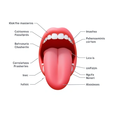 An anatomical illustration of the human tongue with detailed depictions of muscle structures. The tongue is shown in a flat position, with clear labels highlighting the major muscle groups, including the intrinsic and extrinsic muscles. The surface texture of the tongue is prominently displayed, showcasing the papillae. The illustration features a clean and precise layout for educational purposes, with a color palette that enhances the visibility of each muscle structure.