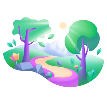 A winding path meanders through a low-poly forest, flanked by stylized tree shapes with geometric foliage in various shades of green. The ground is covered with abstract, polygonal leaves and rocks, creating a textured appearance. Bright, low-poly flowers in vibrant colors dot the sides of the path, adding splashes of color. Sunlight filters through the branches, casting angular shadows on the path. In the distance, the silhouette of a mountain is visible, enhancing the depth of the scene.