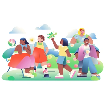 A diverse group of people is gathered in a spacious park that features vibrant green grass and colorful flowers. Some children are laughing while interacting with their digital pets, which appear as floating, animated creatures in various shapes and colors. A girl with curly brown hair is reaching out to pet a small, glowing dragon hovering above her hand. Nearby, a boy with straight black hair is excitedly chasing a virtual dog that is playfully darting around him. Adults are also engaged, with a woman in a red dress watching as a digital cat curls around her legs. The scene is lively, showcasing the interaction between the people and their digital pets against a sunny backdrop.