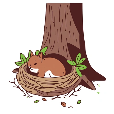 A brown squirrel's nest is built from overlapping twigs and green leaves, resting securely at the base of a tall tree with a textured brown trunk. The nest is round and slightly elevated from the ground. Around the nest, there are scattered fallen leaves and small twigs, indicating a natural forest environment. Sunlight filters through the tree branches, creating a gentle dappled light effect on the ground near the nest.