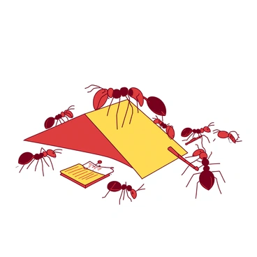 A red ant is carefully balancing on a small yellow ramp that is inclined at a slight angle. Next to the ramp, there are several tiny weights of various sizes, illustrating the physics experiment the ants are conducting. A few other red ants are observing and taking notes on a small piece of yellow paper placed on the ground. The scene captures the ants working collaboratively, with one ant pushing a weight up the ramp while another is measuring the angle of inclination with a tiny tool. The setting is detailed, showing the texture of the ground and the intricate features of the ants as they focus on their task.