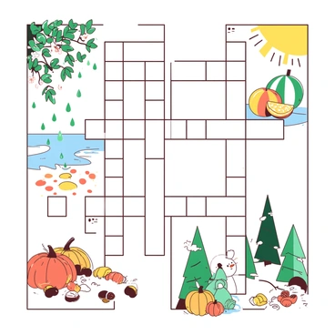 A white crossword puzzle grid fills the center of the image, with its sections distinctly divided to represent the four seasons. The top left section illustrates "spring," featuring blooming flowers and green leaves, with raindrops falling gently. The top right section represents "summer," showcasing a bright sun, beach balls, and vibrant tropical fruits. The bottom left section depicts "autumn," with scattered orange and yellow leaves, pumpkins, and acorns. The bottom right section illustrates "winter," featuring snowflakes, a snowman, and pine trees dusted with snow. Each section blends seamlessly into the next, visually symbolizing the transition between the seasons while maintaining the crossword puzzle format.
