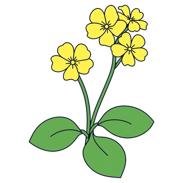 A primrose plant with vibrant yellow flowers arranged in clusters at the top of sturdy green stems. Each flower has five distinct petals with a slightly ruffled edge. Below the flowers, large, broad green leaves emerge from the base of the plant, showcasing a smooth texture with prominent veins. The leaves have a rounded shape with slightly wavy edges, providing a lush backdrop to the delicate blooms. The entire arrangement is depicted against a simple, unobtrusive background to highlight the details of the plant.