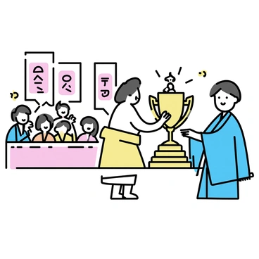 A large golden sumo wrestling trophy, intricately designed with traditional Japanese motifs, is being presented to the champion. The trophy features a detailed figure of a sumo wrestler atop a pedestal with vibrant colors. In the background, a crowd of spectators is watching the ceremony, displaying a mix of excitement and admiration. The champion, wearing a traditional mawashi, stands proudly while receiving the trophy from an official in formal attire. Banners with Japanese characters hang in the background, adding to the atmosphere of celebration.