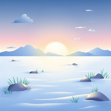 The first rays of dawn are illuminating a vast frozen tundra landscape. The sky is transitioning from deep indigo to soft hues of orange and pink as the sun begins to rise. Snow-covered ground stretches out in all directions, glimmering like diamonds under the gentle light. In the foreground, patches of hardy grasses peek through the frost, while a few scattered rocks are dusted with snow. Wispy clouds float above, catching the morning colors. In the distance, a range of icy mountains is silhouetted against the brightening sky, enhancing the tranquil yet stark beauty of the scene.