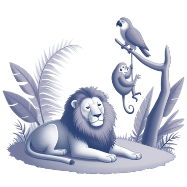A lion lounging in a clearing of a dense jungle. The lion has a majestic mane and is positioned comfortably on a patch of grass. Nearby, a monkey is swinging from a thick vine, its tail curled around the branch, and its eyes filled with curiosity. Above, a parrot is perched on a nearby tree branch, flaunting its colorful feathers. Surrounding the scene are a variety of tropical plants, including large banana leaves and ferns, creating a lush backdrop. The atmosphere is vibrant with the sense of playful interaction among the animals.