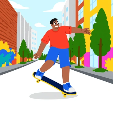 A young man resembling Neymar is skateboarding on a colorful street in an urban setting. He is wearing a bright red t-shirt and blue shorts, displaying a joyful expression as he performs a trick on his skateboard. The background features vibrant graffiti art on brick walls, with splashes of blue, yellow, and green colors. There are tall buildings with large windows in the distance, and a few trees can be seen along the sidewalk, adding to the lively atmosphere of the scene.