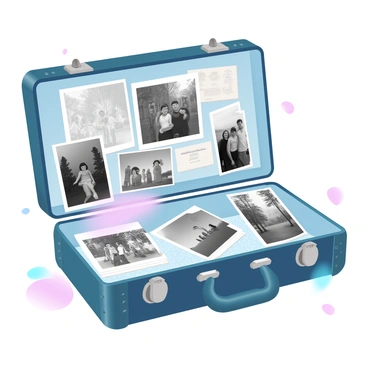 A vintage suitcase is slightly open, revealing an assortment of black-and-white family photos neatly arranged inside. The photos showcase various scenes of family gatherings and outdoor activities. Alongside the photographs, there are several old postcards, each with distinct vintage designs and faded ink. The suitcase has a worn leather exterior with brass accents, and its interior is lined with patterned fabric. The surrounding area is softly illuminated, highlighting the nostalgic items within the suitcase.