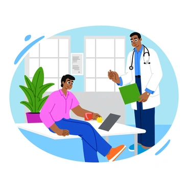 A doctor with short black hair wearing a white lab coat is examining a patient's elbow in a bright clinic. The doctor holds a stethoscope, gently pressing it against the patient's elbow. The clinic features white walls and large windows allowing sunlight to stream in, illuminating the space. There are medical charts on the wall and a large potted plant in the corner, adding a touch of green to the setting. The patient, sitting on the examination table, looks attentive and calm.