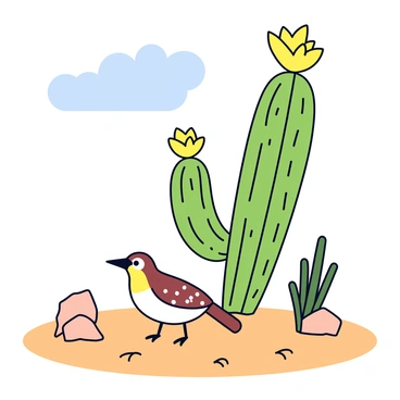 A quail bird with a brown and white speckled body is resting beside a tall, spiky cactus in the desert. The cactus has numerous long, green spines and a few blooming yellow flowers near the top. The sandy ground is scattered with small rocks and dry vegetation. In the background, there is a clear blue sky with a few fluffy white clouds.