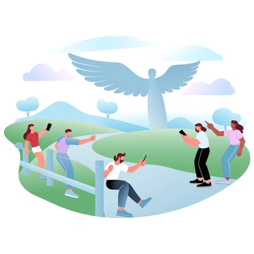 A group of friends is standing in front of the "Angel of the North," a large steel sculpture with wings outstretched. One friend is holding a camera, capturing the structure while another friend is pointing at it enthusiastically. The other friends are scattered around, some leaning against a fence and others taking pictures with their smartphones. The landscape is filled with gently rolling hills and green grass, with a cloudy sky in soft pastel shades providing a serene backdrop. There are trees in the distance and a path leading towards the sculpture.