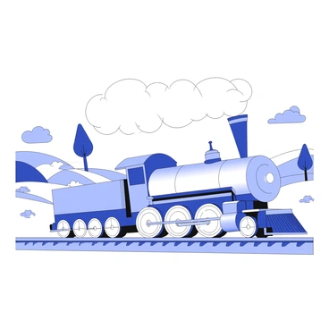 A steam locomotive is chugging along the tracks in a countryside landscape. The locomotive has a large, rounded smokestack, billowing clouds of steam into the air as it moves. Its detailed wheels are turning steadily on the metal tracks, with a shiny, elongated body extending behind it. In the background, there are rolling hills with patches of trees and grassy fields, while a few fluffy clouds float in the sky. The scene captures the essence of a train journey through nature, with the locomotive as the central focus of the image.