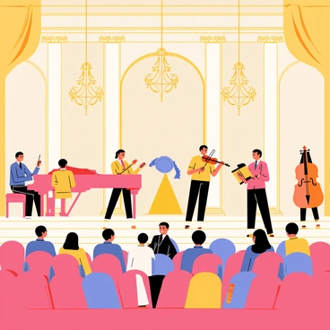 A classical music concert taking place at "Bangalore Palace." The stage is set with "musicians" playing various instruments, including a grand piano, violins, and cellos. The "audience" is seated on elegant chairs, attentively watching the performance. Chandeliers hang from the ceiling, casting warm light over the scene, while the ornate decorations of the palace create a majestic backdrop. "Musicians" are dressed in formal attire, and the atmosphere is filled with the sound of classical melodies.
