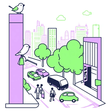 A small bird is nestled comfortably in a corner of a city skyscraper. The bird has soft feathers and is perched on a narrow ledge. Below, the bustling streets are filled with a variety of vehicles, including cars and buses. People are walking along the sidewalks, some carrying shopping bags, while others are engaged in conversation. The skyscraper features large glass windows that reflect the sunlight, creating a contrast with the green plants in the background. The cityscape extends far into the distance, with more buildings and a clear sky above.