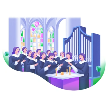 A grand cathedral interior featuring a choir of individuals dressed in elegant black and white robes. The members are arranged in a semi-circle, singing harmoniously with expressions of focus and joy. Tall stained glass windows cast colorful light across the scene. Ornate columns and intricate arches are visible in the background, enhancing the grandeur of the space. A large organ with detailed pipes stands to one side, while candles flicker softly on the altar.