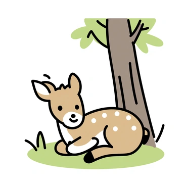 A small deer fawn, with soft brown fur and white spots, is lying down on a patch of green grass. The fawn is nestled against the trunk of a tall oak tree. The tree has a thick, gnarled trunk and a wide canopy of leaves. Sunlight filters through the leaves, creating dappled light patterns on the ground around the fawn. The background features more greenery, enhancing the peaceful setting.