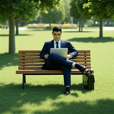 A broker with short black hair and wearing a navy blue suit sits on a wooden bench in a park. He is focused on working on a sleek, silver laptop placed on his lap. Beside him, there is a black leather briefcase resting on the ground. The park is filled with green grass and a few scattered trees, creating a natural frame around him. In the background, there are colorful flowers blooming, adding a touch of vibrancy to the scene. Sunlight filters through the leaves, casting gentle shadows on the ground.