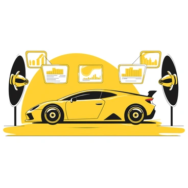 A sleek car positioned in a wind tunnel, featuring smooth lines and an aerodynamic shape. The wind tunnel is white, with large fans visible at both ends, creating a sense of movement. Surrounding the car are multiple digital screens showcasing aerodynamic data, including graphs and figures in black and yellow. The screens are arranged in a semi-circle around the car, emphasizing the focus on performance. The floor of the wind tunnel is smooth and reflective, adding to the overall high-tech environment.