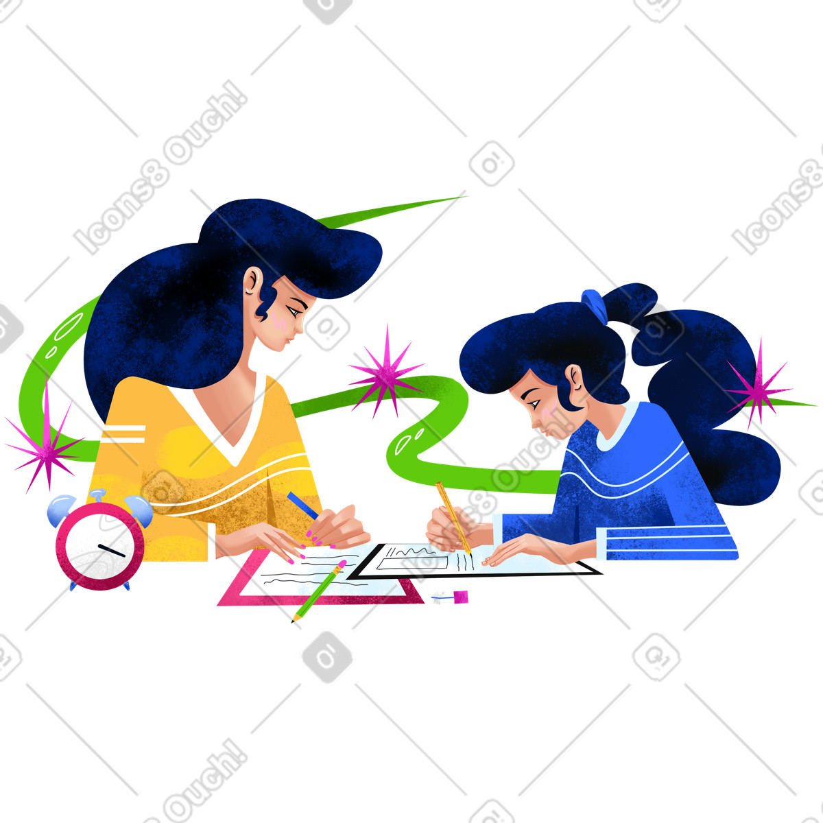 Mutter hilft ihrer tochter bei den schulaufgaben-Illustration im Flare-Stil als Download in PNG, SVG