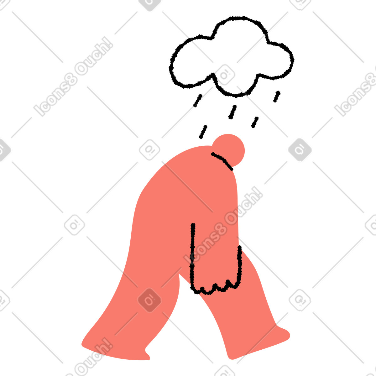 Sad character walking under rain cloud symbolizing depression and loneliness-Illustration im Bold People-Stil als Download in PNG, SVG