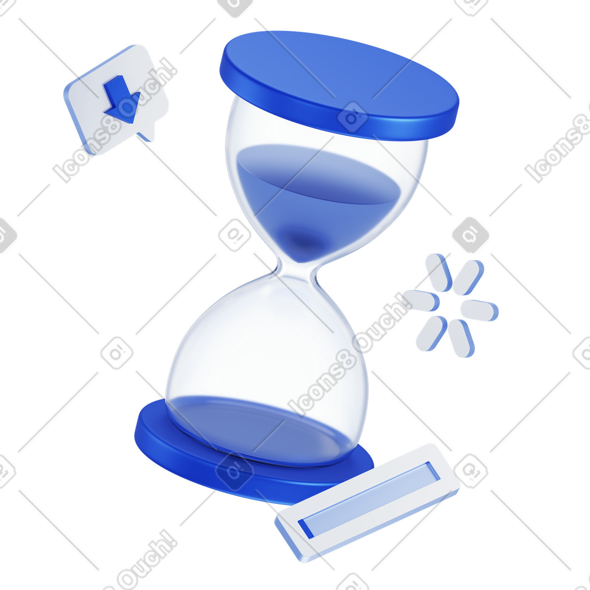 Ilustración animada Cargando símbolos con reloj de arena, buffering digital y paciencia en estilo 3D Techny a descargar en GIF, Lottie (JSON), AE