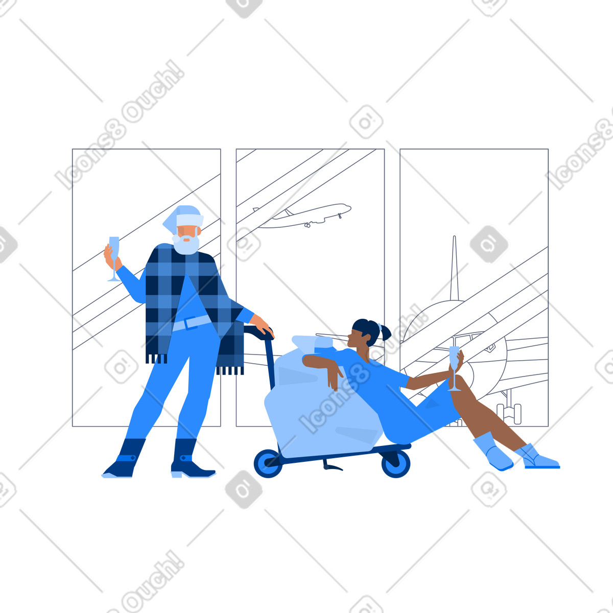 Couple in Christmas outfits enjoying drinks by airport window, Seasonal holiday trip illustrazione stile Urban scarica PNG, SVG