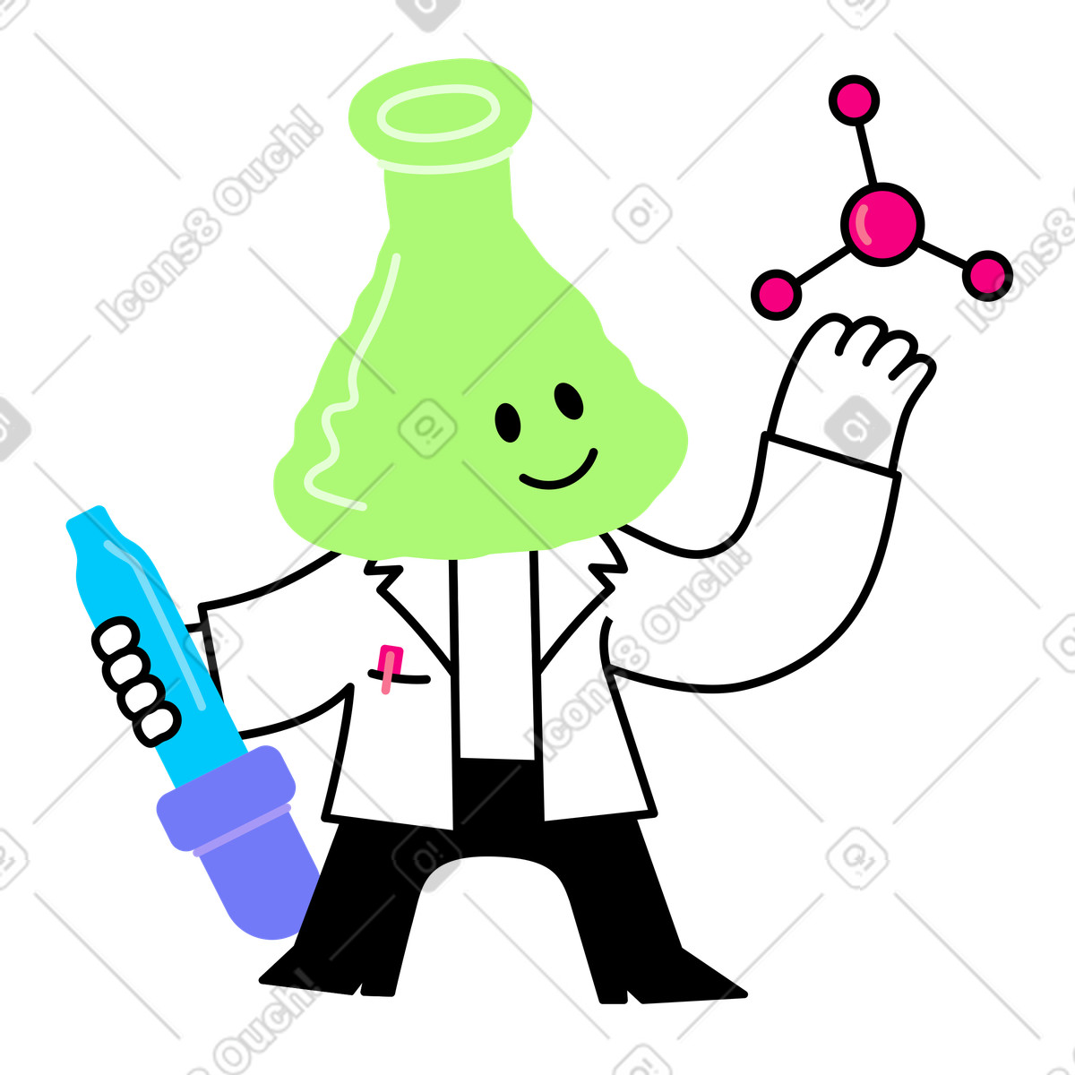Flask-shaped character studying science illustration in Giggle style download in PNG, SVG