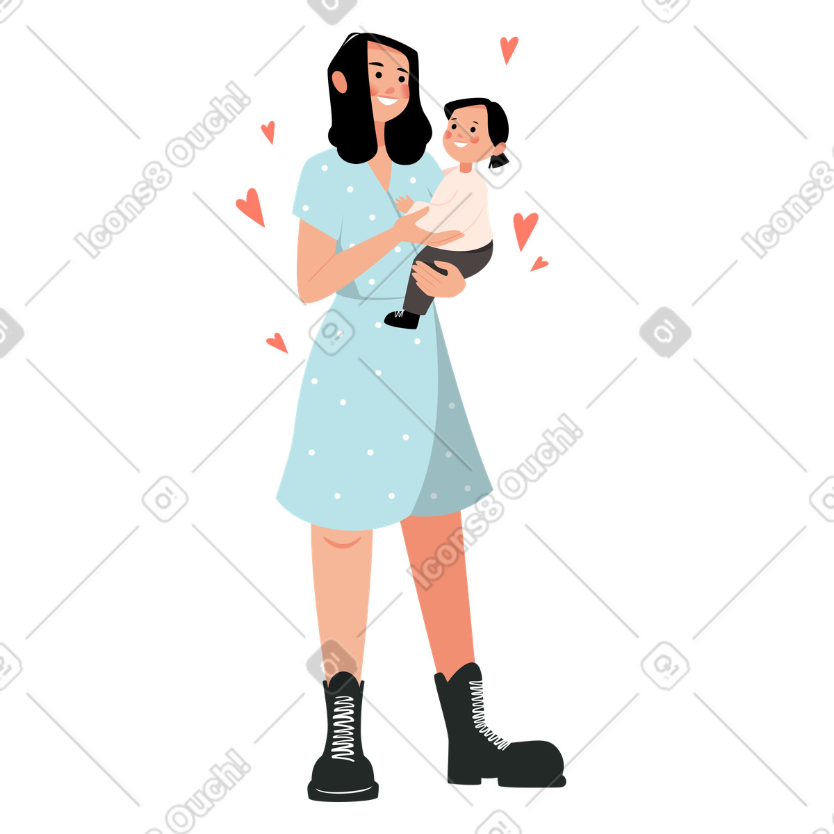 下载 Lagom 风格的 怀里抱着婴儿的快乐年轻女人 插画，支持 PNG、SVG 格式