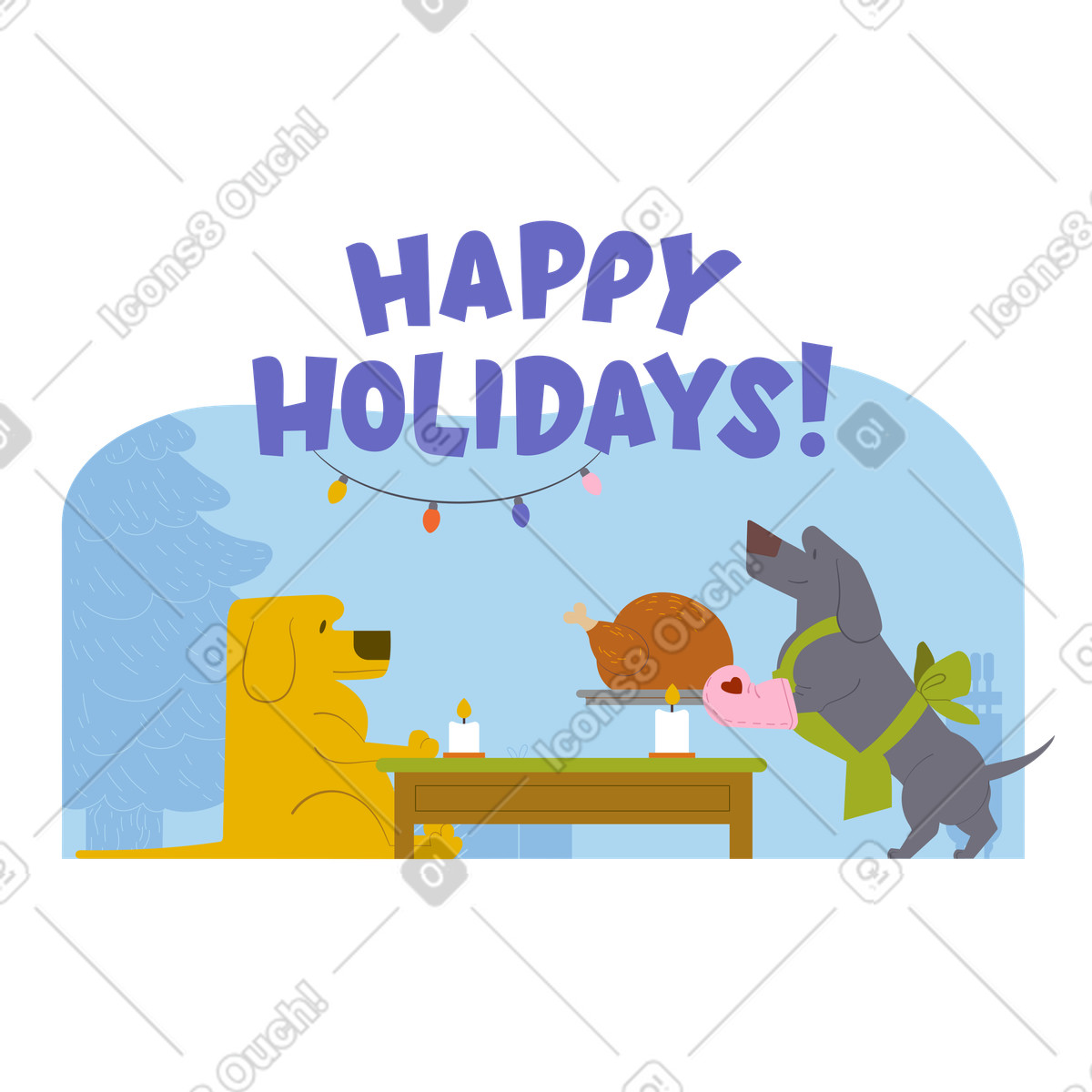 Happy holidays text and dog illustration dinner clipart for culinary projects in PNG, SVG