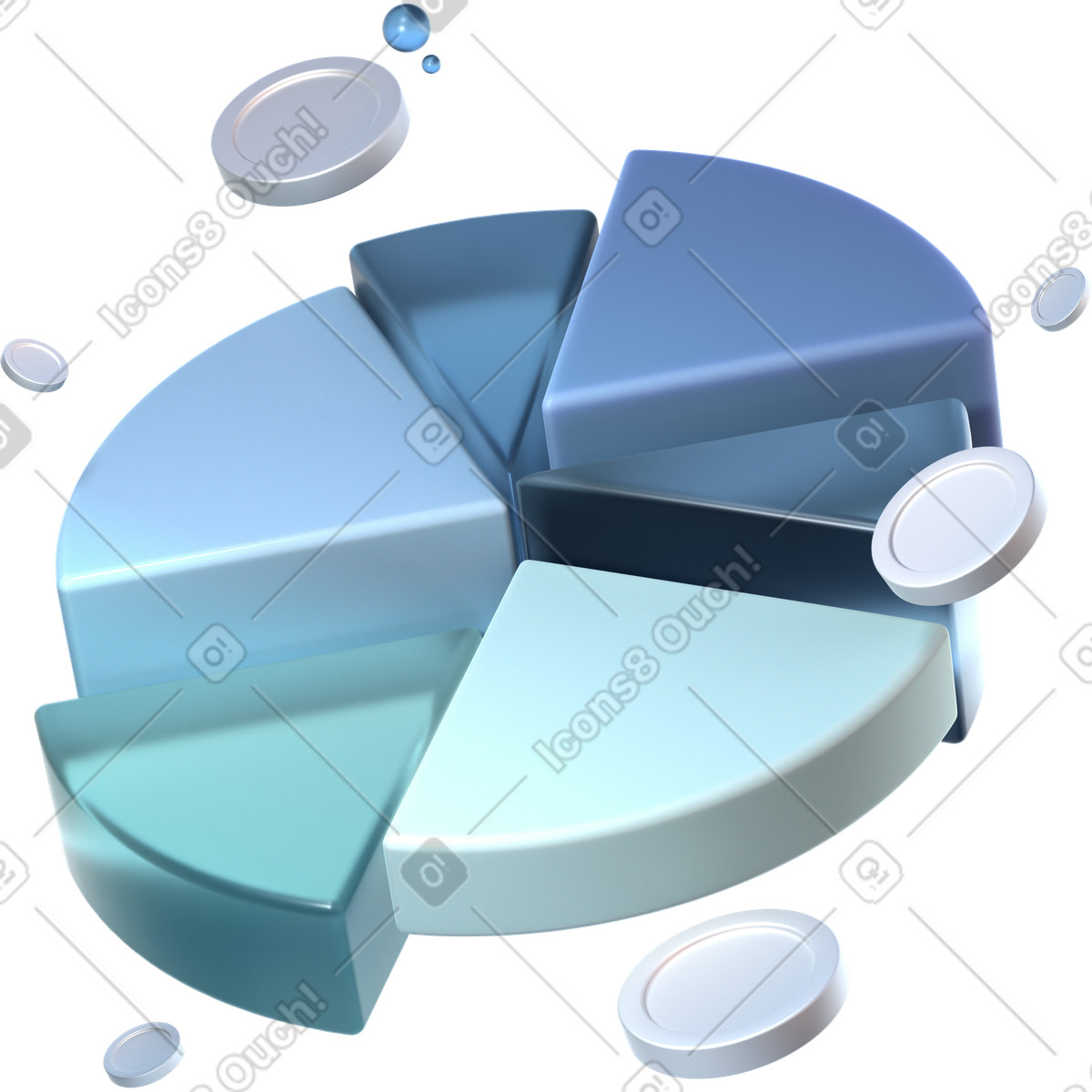 Ilustración Gráfico circular y monedas en estilo 3D Glassy a descargar en PNG SVG