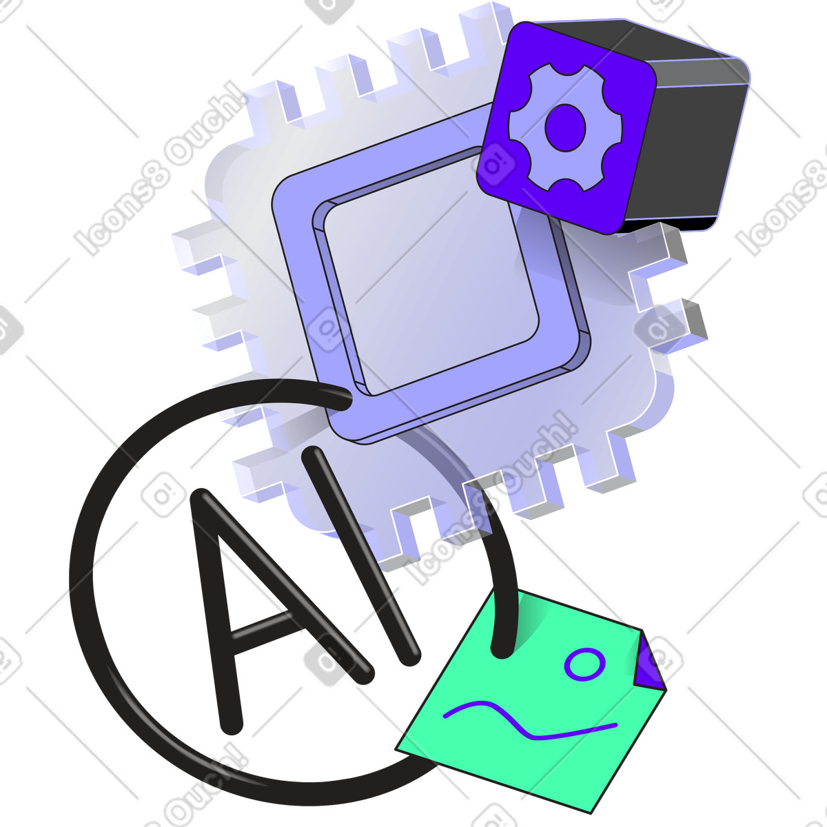 Ilustración Composición de chip, engranaje, imagen e inteligencia artificial en estilo Incut a descargar en PNG y SVG