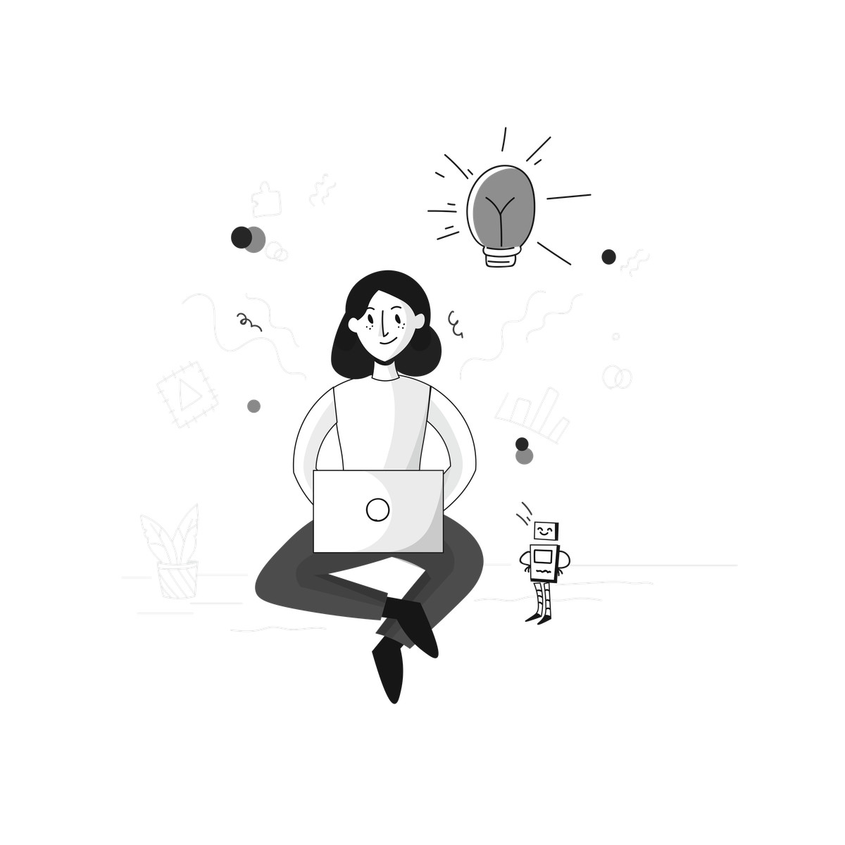 Pixeltrue スタイルの Freelancer using laptop with ai assistant, digital productivity and innovation のイラストをPNG、SVG形式でダウンロード