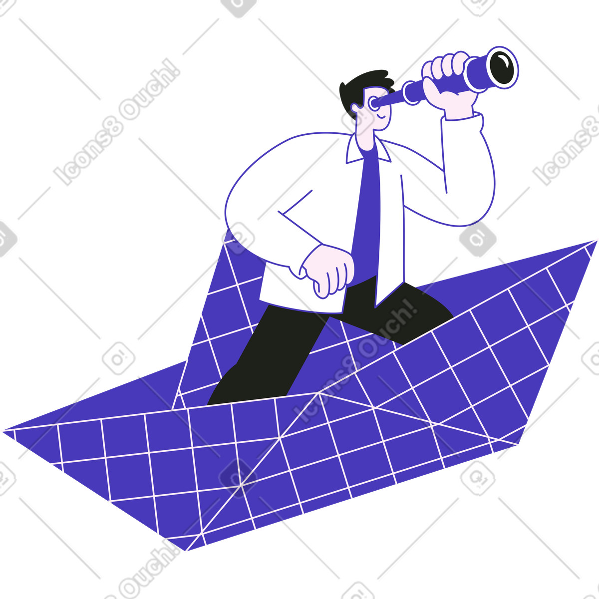 Ilustración Hombre con catalejo en un barco de papel estilo Blueberry a descargar PNG y SVG