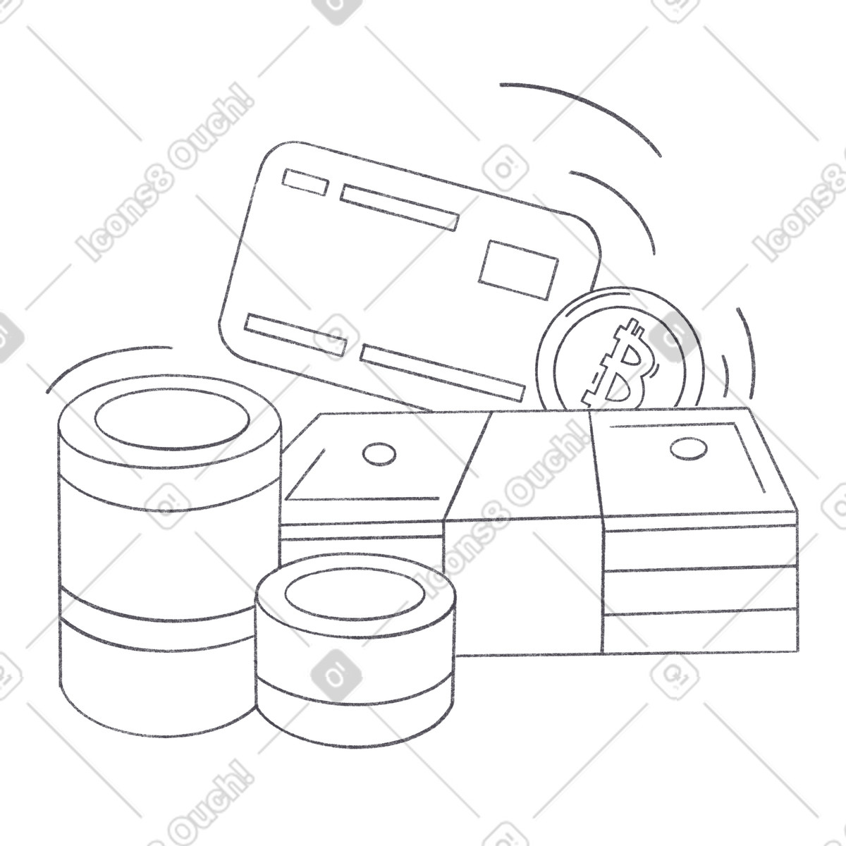 Ilustração de Coins, paper bills, credit card and bitcoin, Payment methods or personal investments em no estilo Bonbon Line para baixar em PNG, SVG