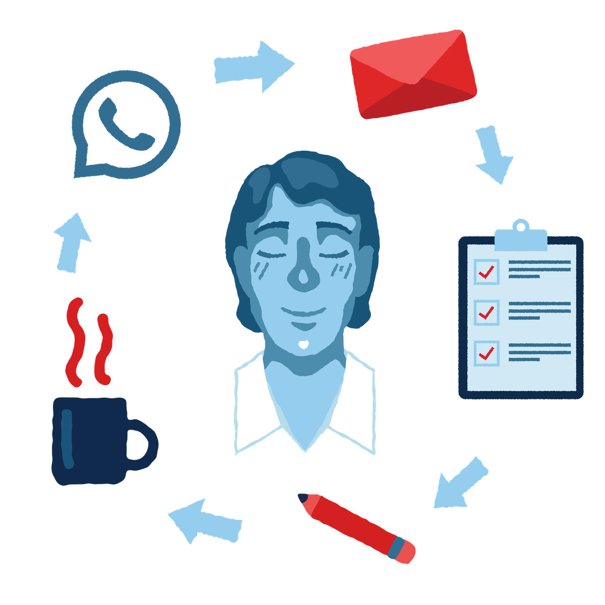 Illustration Man thinking about his workflow dans le style Cherry à télécharger aux formats PNG, SVG