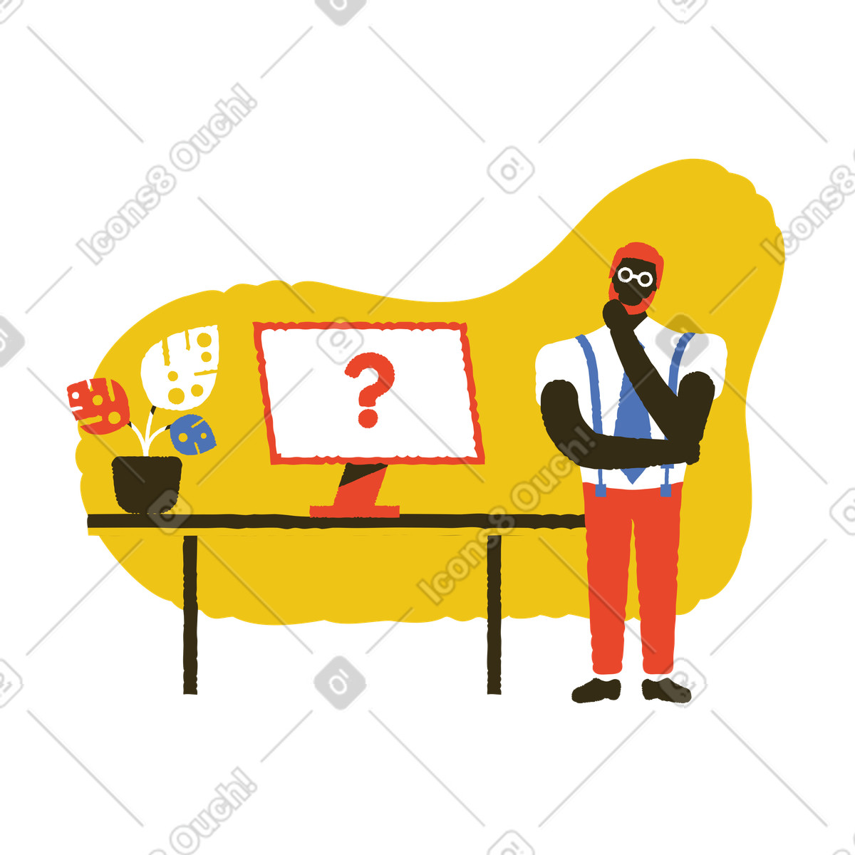 Bermuda スタイルの Confused employee with question mark on screen, Computer error troubleshooting のイラストをPNG、SVG形式でダウンロード