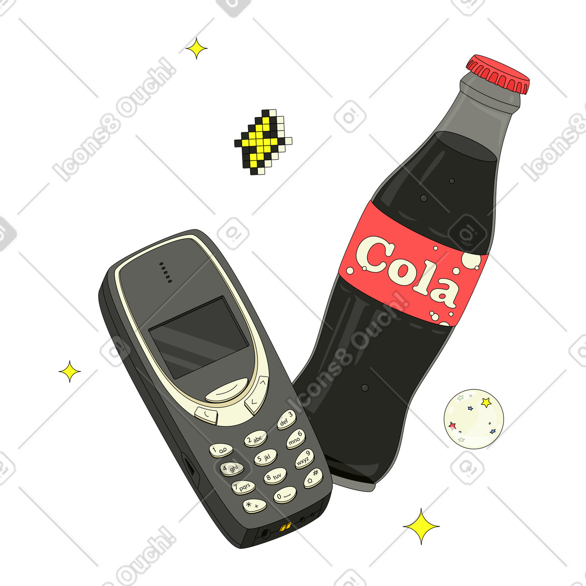Illustration animée Nokia 3310 et une bouteille de jus dans le style Retro à télécharger aux formats GIF, Lottie (JSON), AE